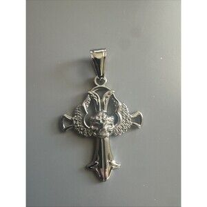 Stainless Steel Cross Pendant 24 Inch Box Chain Silver Wings Gothic Viking